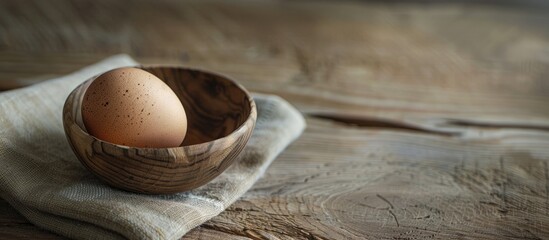 Aufkleber - Wooden bowl with a chicken egg on a table with ample space for a copy space image.
