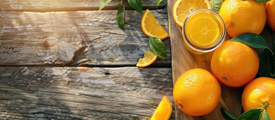 Poster - Close-up of delicious fresh oranges and juice on a wooden table with copy space image available.