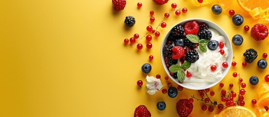 Aufkleber - Russian food called Syrniki portrayed with berries and sour cream on a yellow background, creating a copy space image.