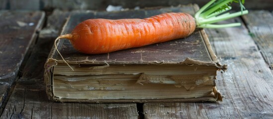 Poster - Cookbook with a carrot displayed on a rustic wooden surface, creating an appealing copy space image.