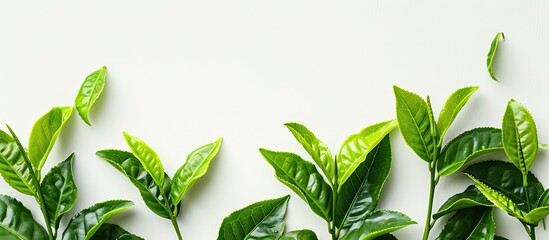 Aufkleber - A close-up image shows vibrant, freshly picked green tea leaves with a white background, emphasizing a food concept, and including copy space for text.