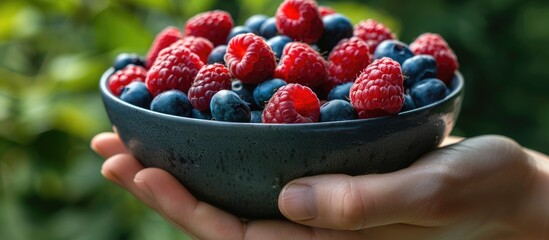 Sticker - A hand holding a bowl of raspberries with blueberries in the background, providing ample copy space image.