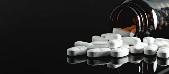 Aufkleber - White oval pills displayed with a dark glass bottle on a black mirror background, creating a striking composition with copy space image.
