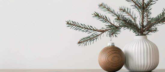 Poster - Close-up of a stylish Christmas ornament on a fir branch in a modern vase set against a white background in a festive Scandinavian room with copy space image, exhibiting a modern wooden bauble.