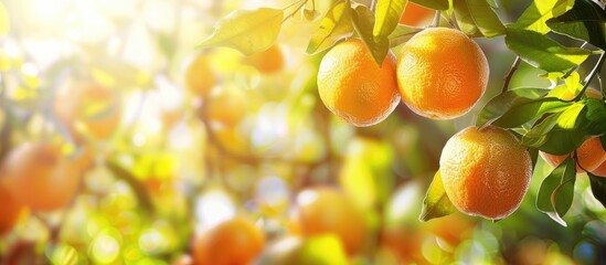 Aufkleber - Tropical fruit harvest concept design with copy space image: Fresh ripe oranges on a sunny day, hanging from an orange tree branch.
