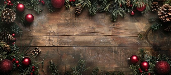 Poster - Old wooden background adorned with evergreen fir twigs, glossy red baubles, and pine cones, creating a festive atmosphere with copy space image.