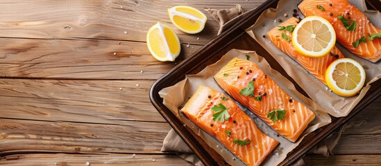 Poster - Salmon fillets with lemon on oven tray with beige cloth, on pine surface, with copy space image.
