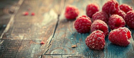 Poster - Ripe raspberries on a wooden surface with copy space image.