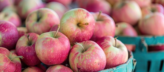 Poster - A photo of ripe apples in a basket with pink and turquoise tones creating a vibrant look, showcasing a beautiful display with copy space image.