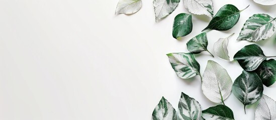Aufkleber - Green leaves turning white withered on a white background, creating a striking contrast with ample copy space image.