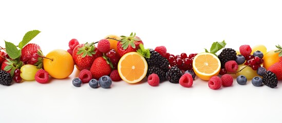 Poster - White background with copy space image featuring isolated fruits and berries.