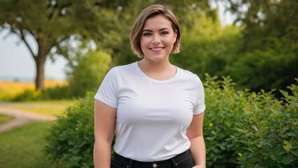 Plus size teenage girl with short hair wearing white t-shirt and black jeans standing in nature