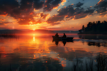 Wall Mural - Fishermen in Boat at Scenic Sunset on Lake