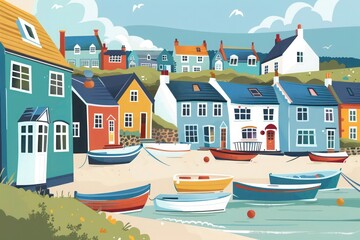 Wall Mural - Illustration of a quaint seaside town with colorful houses and boats, perfect for travel and lifestyle themes.