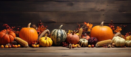 Poster - Various pumpkins adorned with nuts, berries, and grains arranged in front of rustic wooden boards in a festive fall-themed arrangement, perfect as a copy space image.