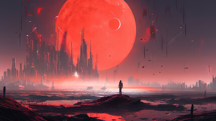 Poster - Space landscape on alien planet with mountains and sun in the style of 80s sci-fi book art.