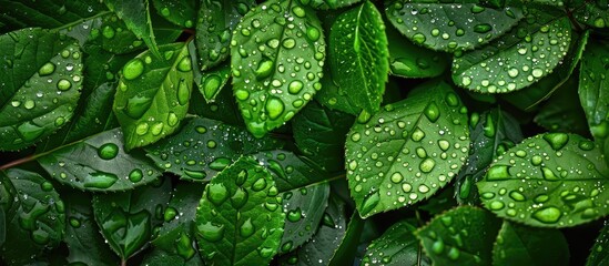 Poster - Background of wet rose leaves with water drops, suitable for a copy space image.