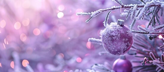 Poster - Frost-covered branches adorned with a Christmas bauble over a violet background, conveying a festive Xmas and New Year concept. Ideal for a copy space image.