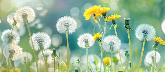 Poster - A close-up image of square dandelions with white flowers and vibrant green stems on a sunny day provides ample space for duplication.
