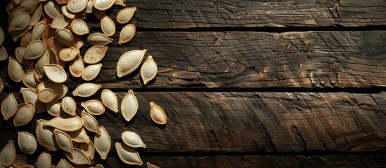 Poster - Arrangement of pumpkin seeds on the left side of the photo, set against a dark wooden backdrop, creating a visually appealing copy space image.