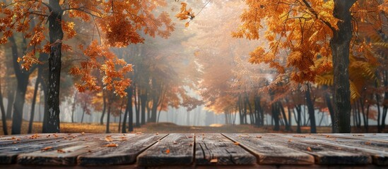 Poster - Autumn forest backdrop with trees a backdrop to an empty wooden table for placing inscriptions or advertisements. Ideal for copy space image.