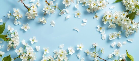 Poster - Bird cherry's white blossoms against a blue backdrop create a floral abstract in a flat lay composition with copy space image.
