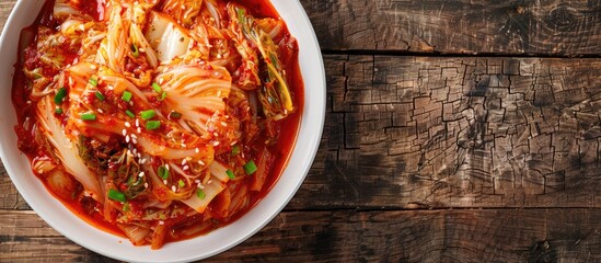 Sticker - A top view of Korean cabbage kimchi in a white bowl on a wooden surface with selective focus. The left side offers a copy space image.