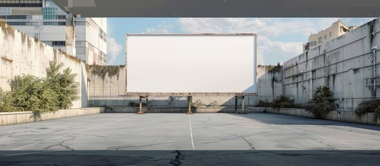 Wall Mural - Outdoor car parking area with an empty white billboard offering ample copy space image for text or images.