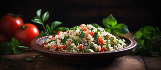 Poster - Tabbouleh salad made with couscous, feta cheese, tomatoes, basil, and chili placed on a wooden table. Includes a space for adding text or images.