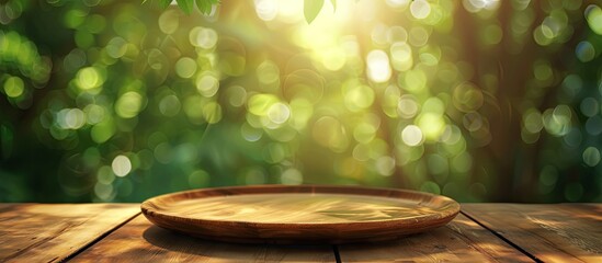 Aufkleber - Wooden table with empty plate on top against a green blurred background. Copy space image available.