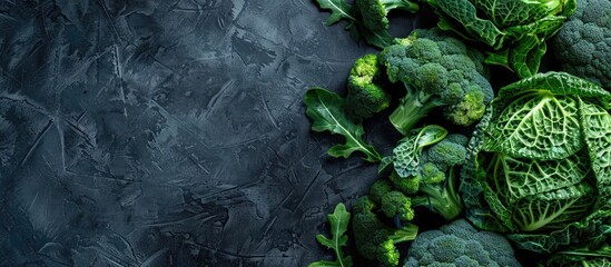 Aufkleber - Green broccoli featured in a menu concept with a fresh cabbage background, viewed from the top with space for additional images.