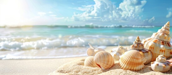 Poster - Beach scene with seashells on sand and object hidden beneath, copy space image.