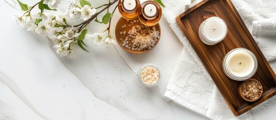 Sticker - Spa-themed wooden tray arrangement on white backdrop with copy space image.