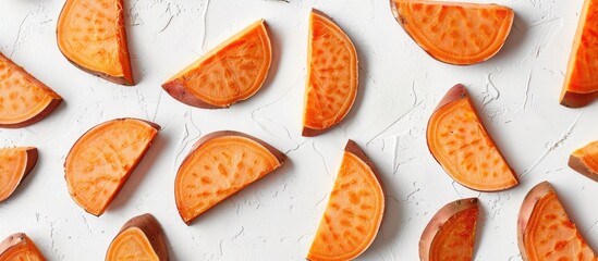 Poster - Sweet potato slices arranged on a white backdrop with space for text or graphics, creating a clean and professional copy space image.