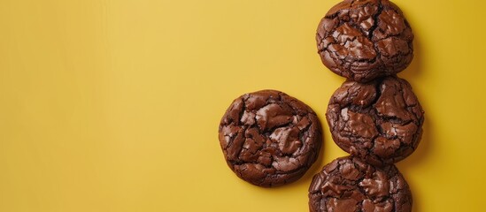 Poster - Delicious chocolate brownie cookies with a yellow backdrop featuring copy space image.