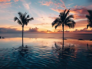 Wall Mural - infinity pool merges seamlessly with ocean horizon at twilight silhouetted palm trees frame golden sky creating idyllic tropical paradise atmosphere for luxurious relaxation