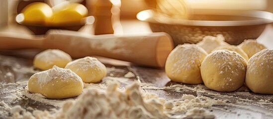 Poster - Baking dough rolled and shaped into cakes on a tabletop. Background with copy space image.