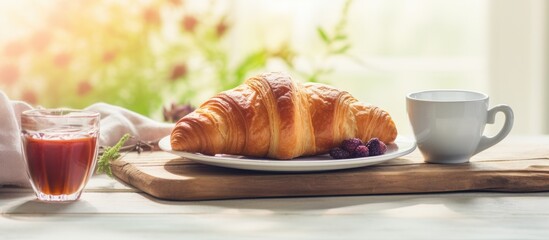 Poster - A delightful breakfast scene featuring coffee, crispy croissants, and jam on a white wooden surface, with a romantic French weekend ambiance. Copy space image available.