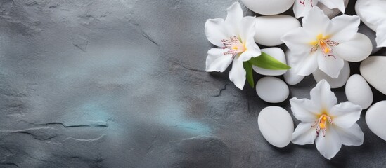 Poster - Towel background with spa stones and spring flowers, perfect for a copy space image.