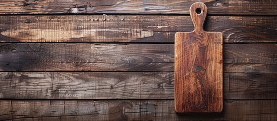 Poster - Top view of a kitchen cutting board on a wooden background, with copy space image.