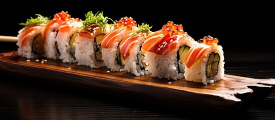 Poster - Sushi rolls on Japanese wooden sticks with copy space image.