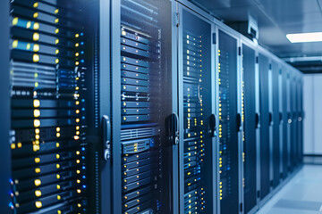 A data center room typically features server racks and networking devices neatly organized within rack cabinets. The setup includes rows of servers, switches, routers, and other equipment essential f