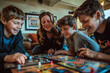 © Cadengo - A family is gathered in the living room, engaged in playing board games together. The scene captures the joy and interaction among family members, emphasizing the concept of quality time and together