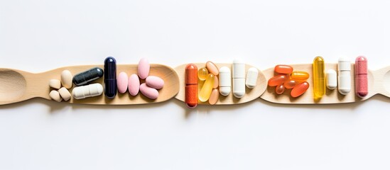 Aufkleber - Healthy organic supplements like pills, tablets, and capsules displayed on a white background with a wooden spoon, ideal for wellness, with space for additional images.