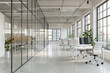 © Cadengo - A modern office interior showcases a sleek minimalist design with well-organized workstations, transparent glass partitions, and expansive windows that flood the space with natural light