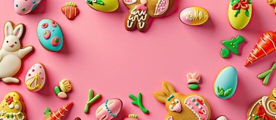 Poster - Mock-up Easter greeting card featuring vibrant artistic elements like rabbits, eggs, chickens, and carrot gingerbread cookies against a pink backdrop with ample copy space. Top-view banner.