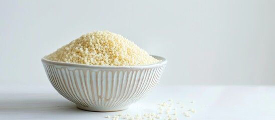 Poster - White ceramic bowl with dry couscous against a bright white background, shown in a soft light and angle view with space for text or images.