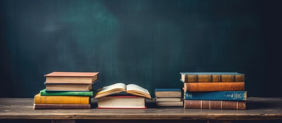 Sticker - A wooden table hosts a stack of books; an open book atop symbolizes education background, with a 'Back to school' theme, offering free copy space image.