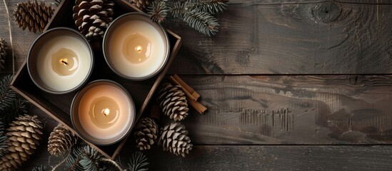 Wall Mural - Candles and cones arranged in a gift box on a wooden surface with copy space image.