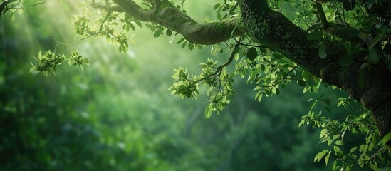 Poster - Summer forest backdrop with lush green tree branches, ideal for a copy space image.